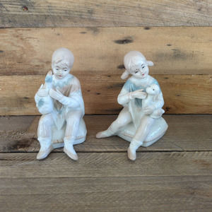 Vintage Boy and Girl with Animals Ceramic Figures Goose Dog